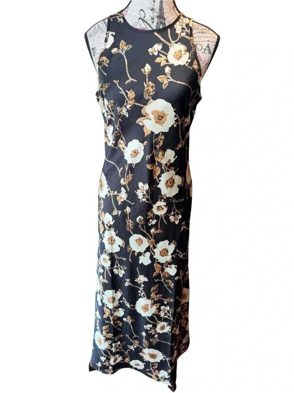 MELLODAY Black Maxi Dress with Cream & Gold Floral Print - Picture 2 of 9